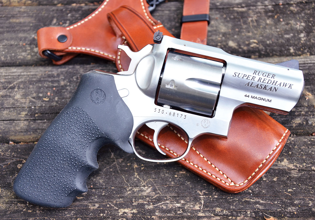 The cylinder of the Ruger Super Redhawk Alaskan in 44 Magnum I carry in bear country is long enough to handle ammunition loaded with any bullet of the caliber offered by Rim Rock, and for this reason, my pick is the 340-grain version due to its wide, flat nose. The Galco Great Alaskan cross-draw chest holster does a good job of retaining the gun in the rugged outdoors while making gun draws convenient.